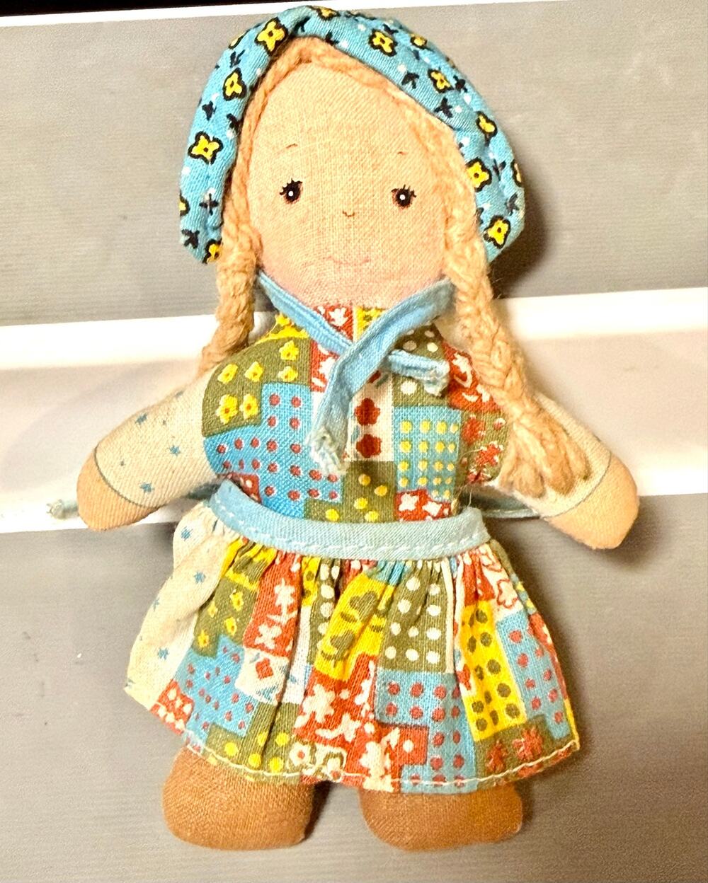 The Original Holly Hobbie 5” tall by Knickerbocker patchwork dress and braids